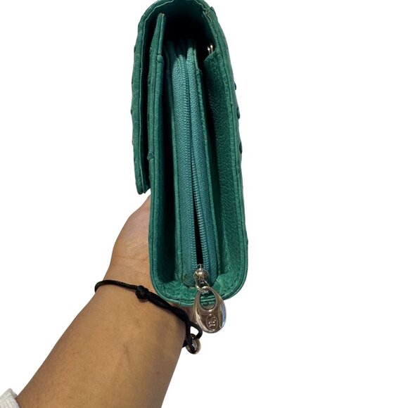 Lorenzi Genuine Ostrich Leather Womens Green Silver Hardware logo Purse - Picture 4 of 9